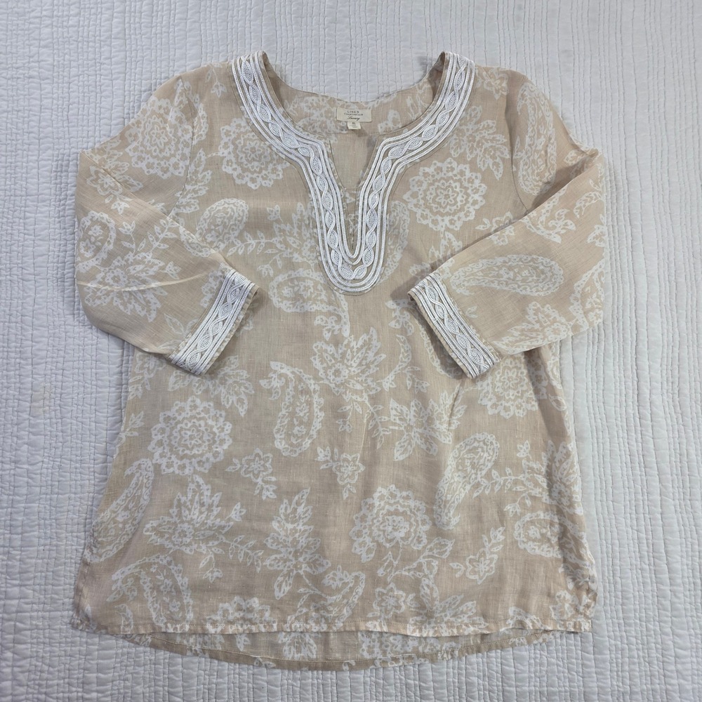 Charter Club Luxury Linen Tunic Top XL Tan Floral Paisley Boho Embroidered EUC